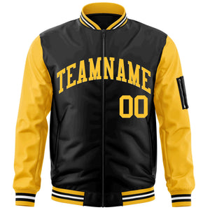 Custom Black Gold Varsity Full-Zip Raglan Sleeves Letterman Bomber Jacket