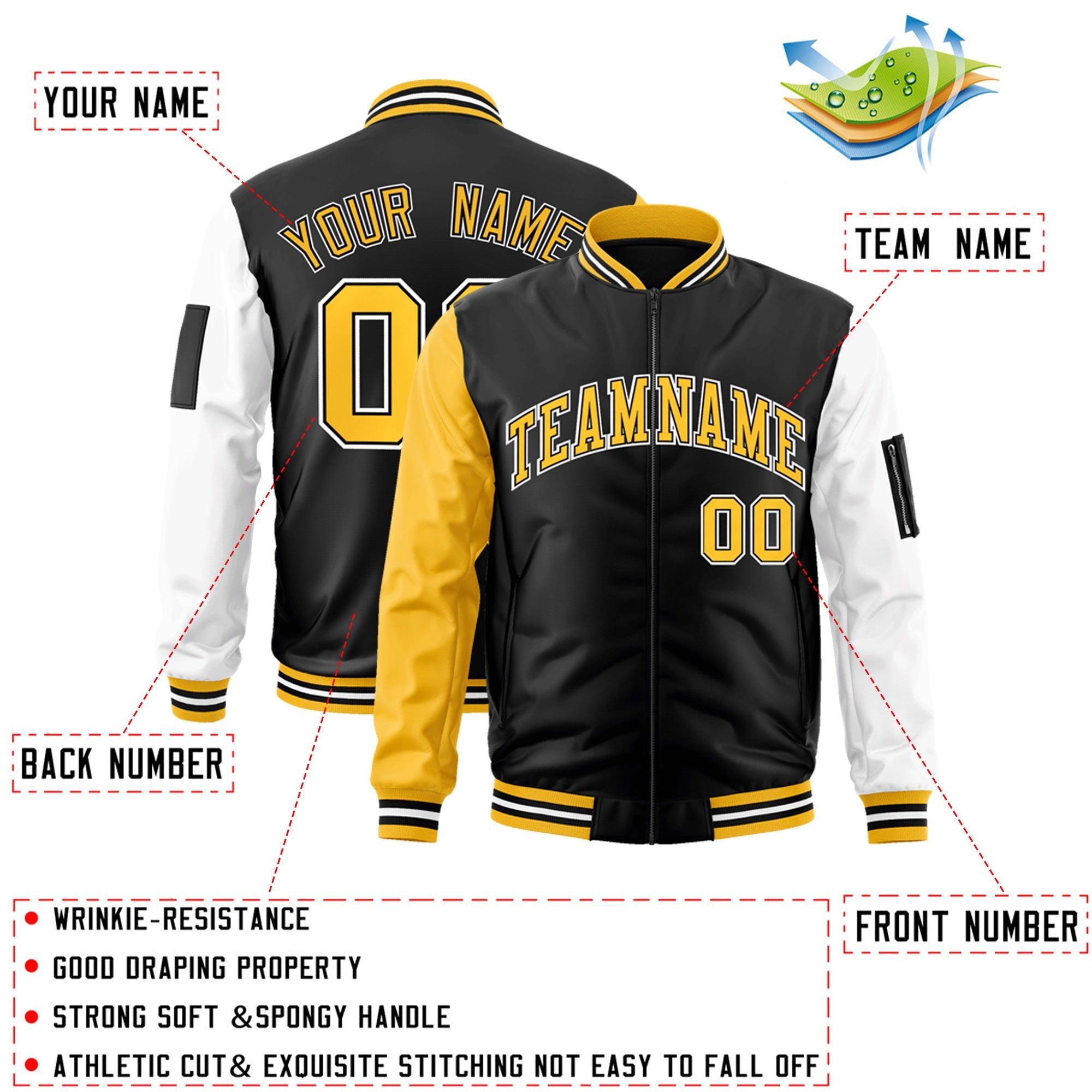 Custom Black Gold-White Varsity Full-Zip Raglan Sleeves Letterman Bomber Jacket