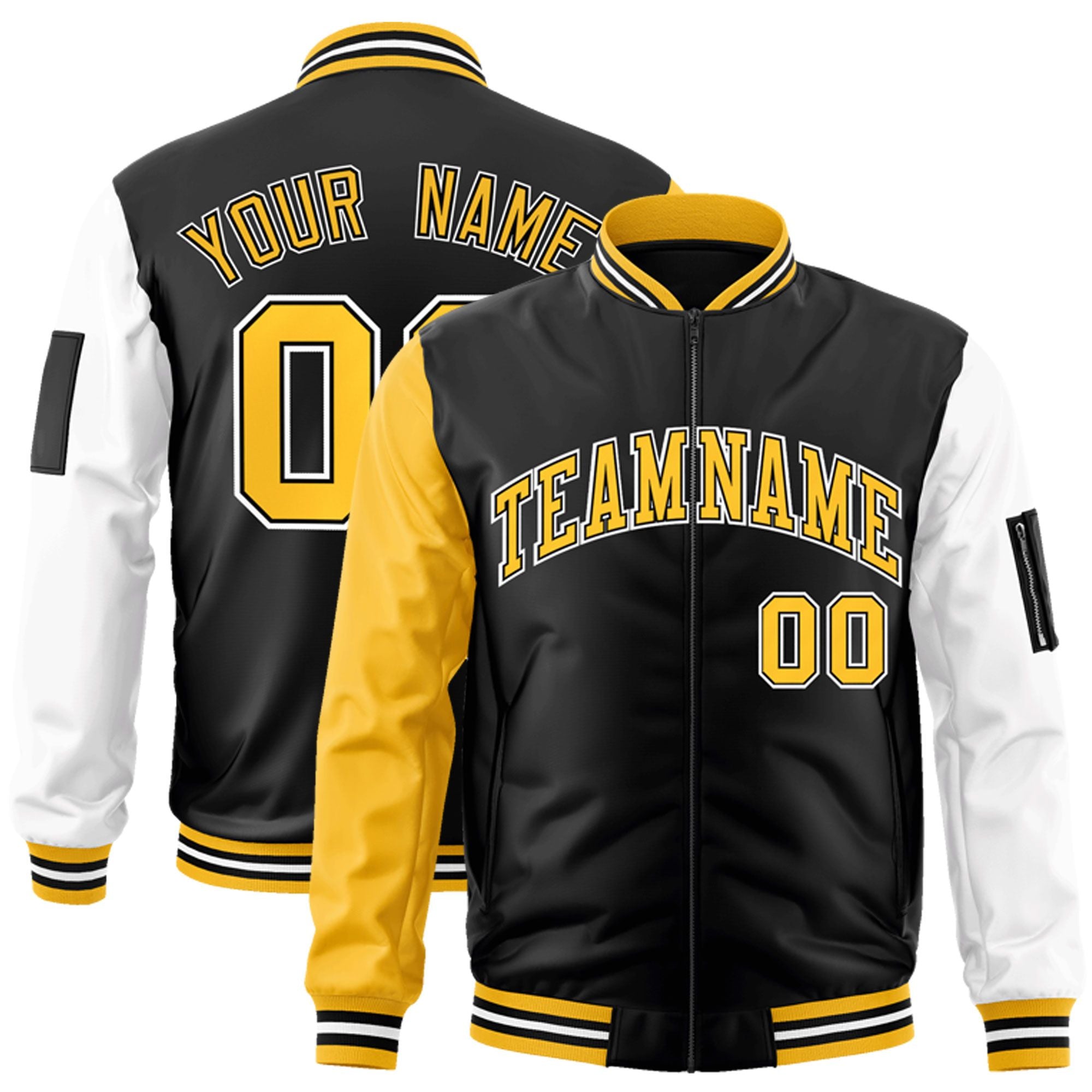 Custom Black Gold-White Varsity Full-Zip Raglan Sleeves Letterman Bomber Jacket