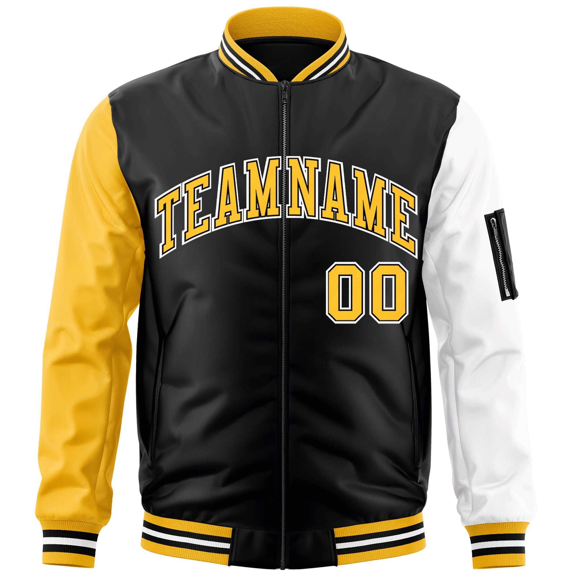 Custom Black Gold-White Varsity Full-Zip Raglan Sleeves Letterman Bomber Jacket