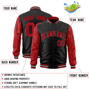 Custom Black Red Varsity Full-Zip Raglan Sleeves Letterman Bomber Jacket