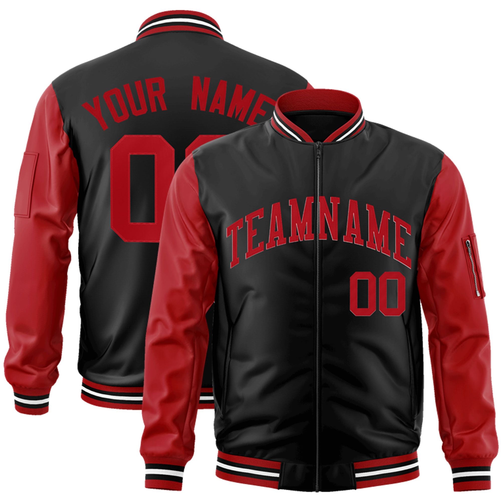 Custom Black Red Varsity Full-Zip Raglan Sleeves Letterman Bomber Jacket