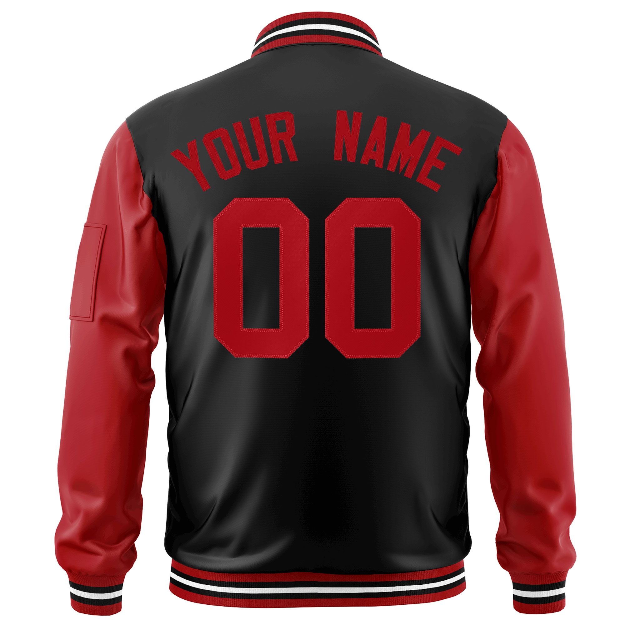 Custom Black Red Varsity Full-Zip Raglan Sleeves Letterman Bomber Jacket