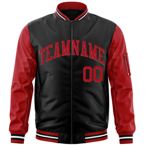 Custom Black Red Varsity Full-Zip Raglan Sleeves Letterman Bomber Jacket