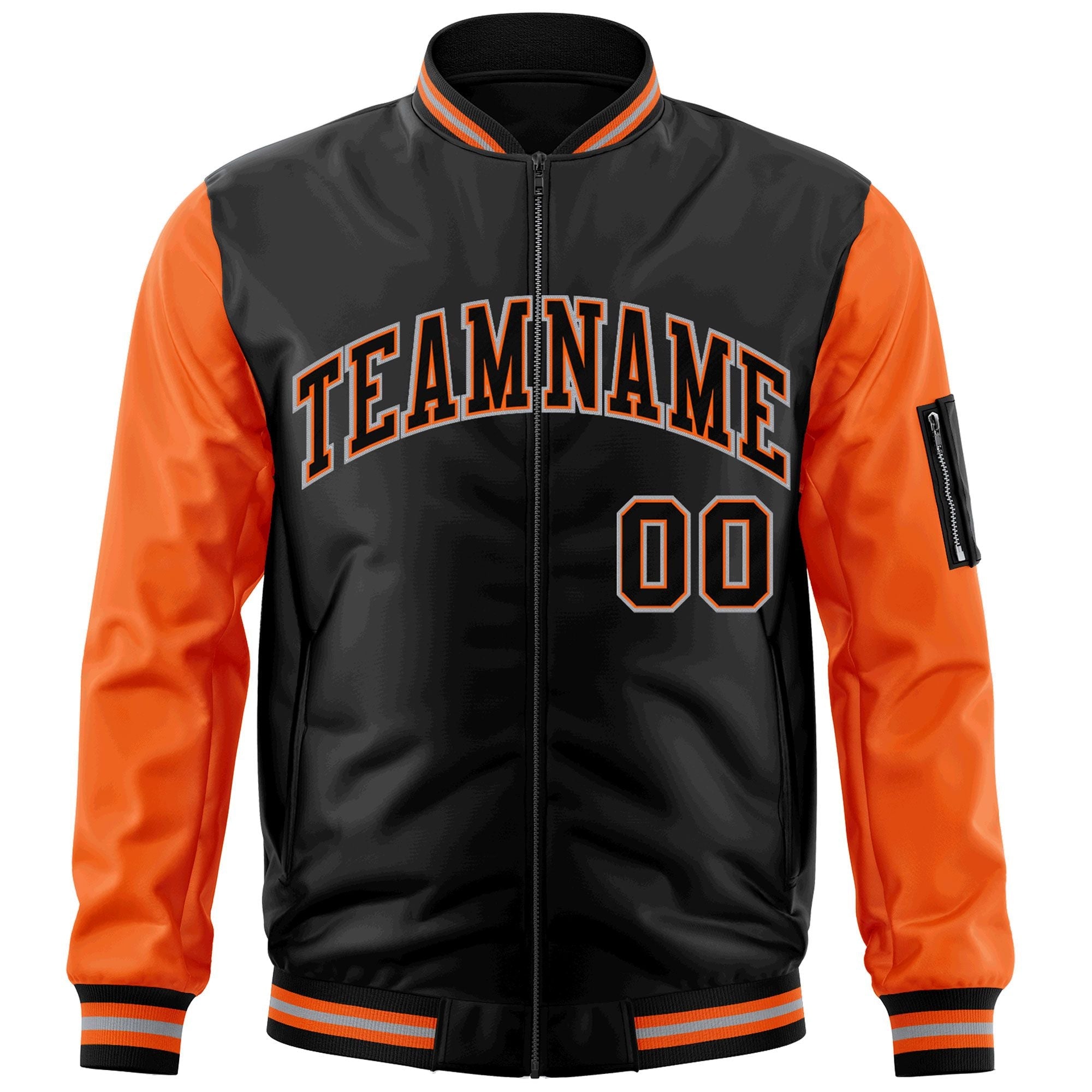 Custom Black Orange-Gray Varsity Full-Zip Raglan Sleeves Letterman Bomber Jacket