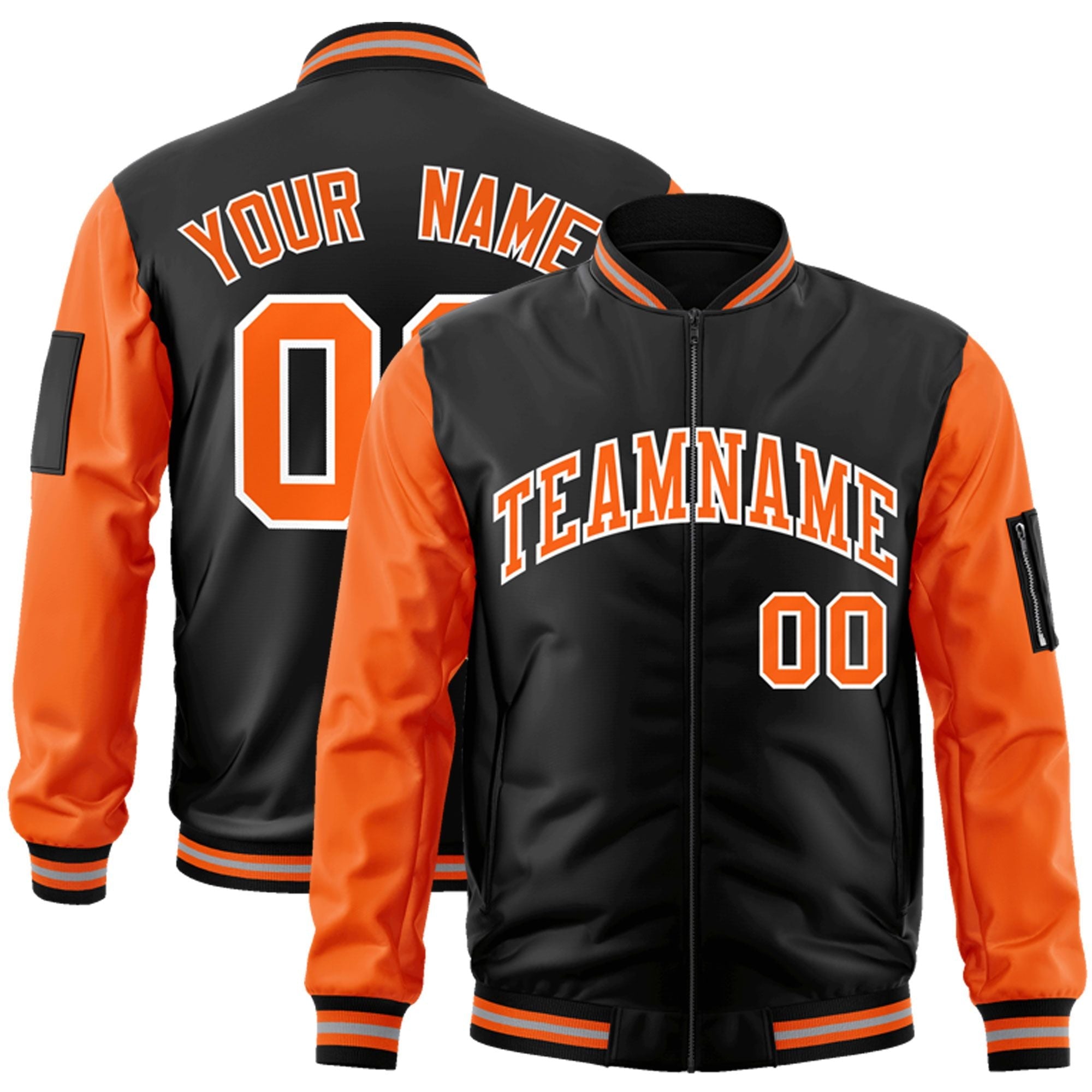 Custom Black Orange-White Varsity Full-Zip Raglan Sleeves Letterman Bomber Jacket