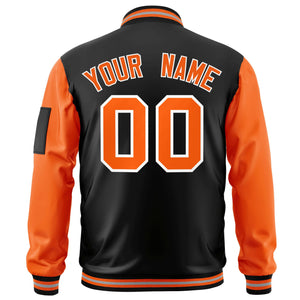 Custom Black Orange-White Varsity Full-Zip Raglan Sleeves Letterman Bomber Jacket