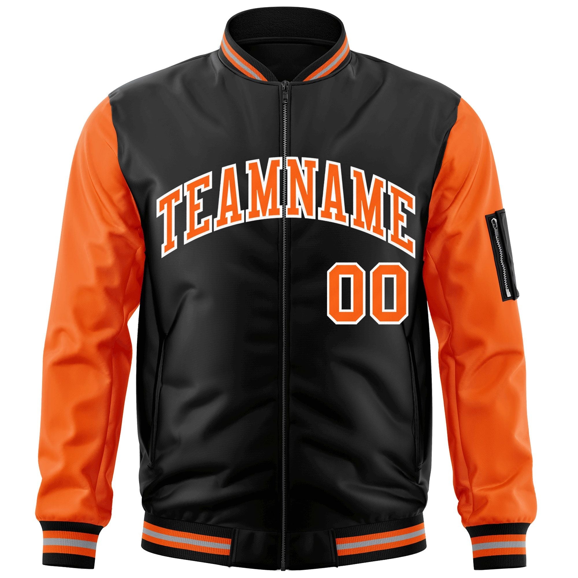 Custom Black Orange-White Varsity Full-Zip Raglan Sleeves Letterman Bomber Jacket