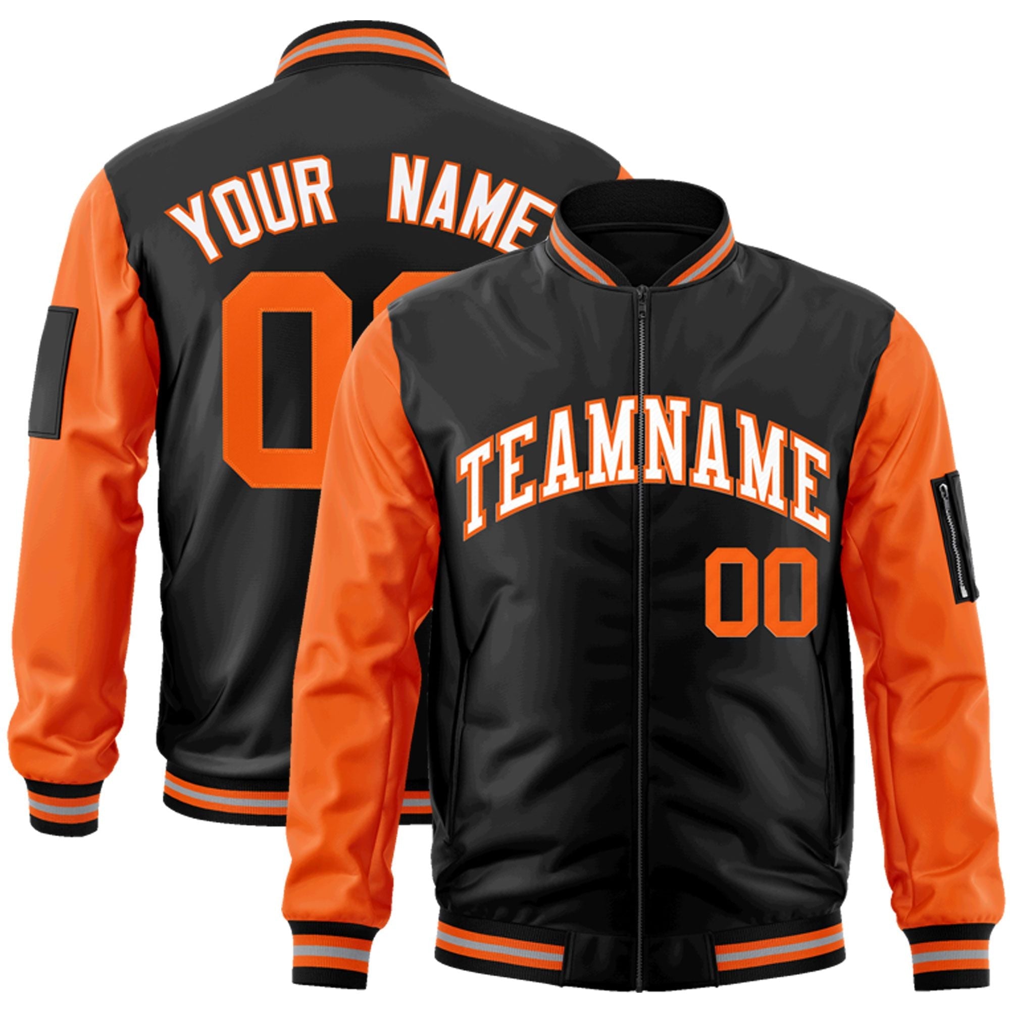 Custom Black Orange-White Varsity Full-Zip Raglan Sleeves Letterman Bomber Jacket