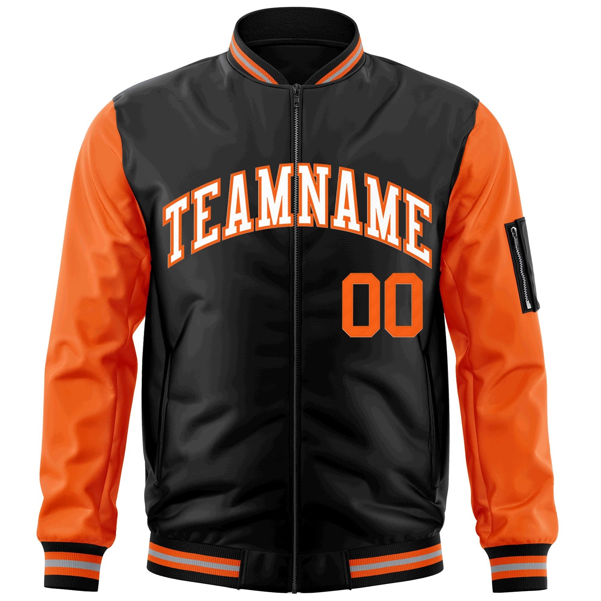 Custom Black Orange-White Varsity Full-Zip Raglan Sleeves Letterman Bomber Jacket