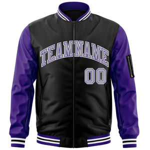 Custom Black Purple-Gray Varsity Full-Zip Raglan Sleeves Letterman Bomber Jacket