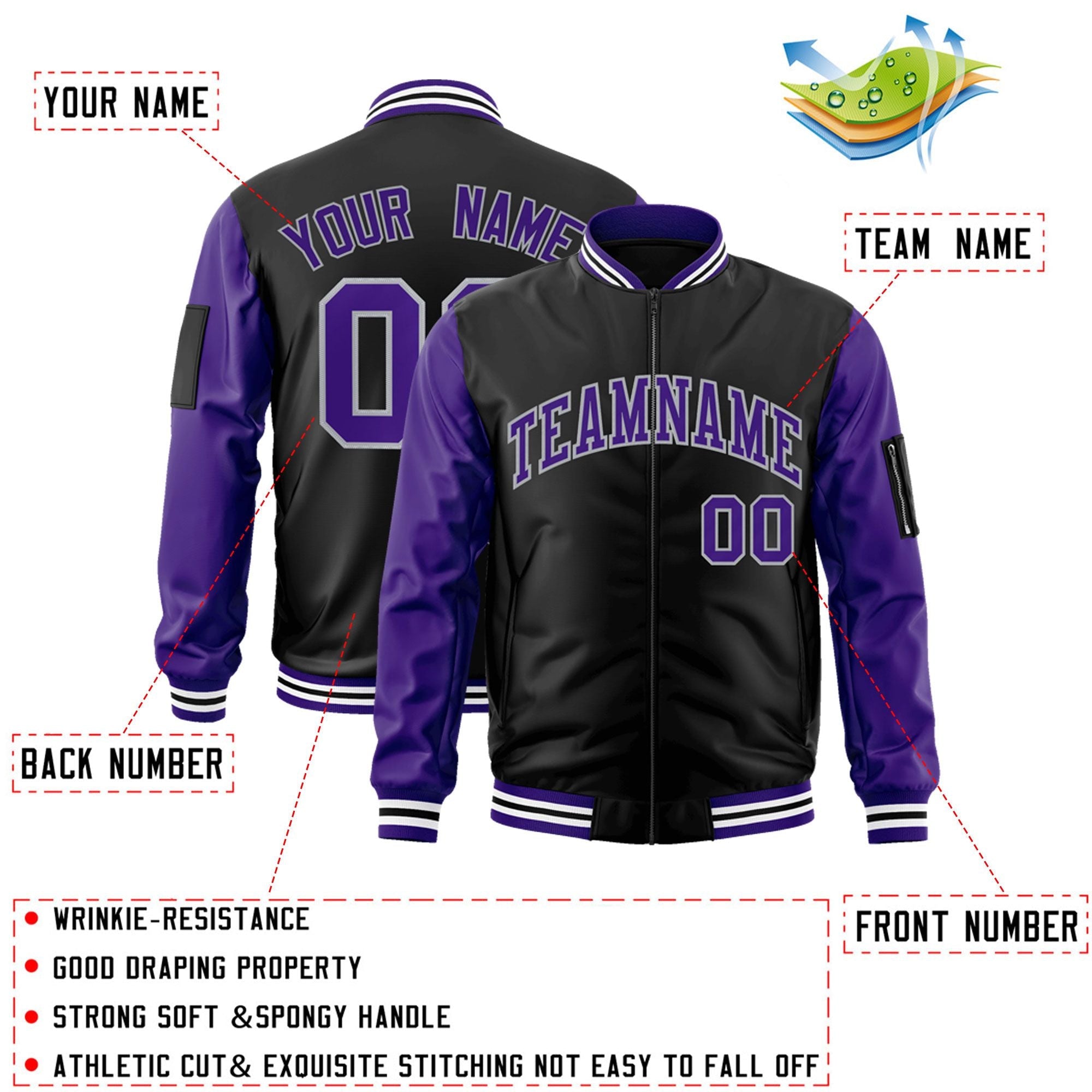 Custom Black Purple-Gray Varsity Full-Zip Raglan Sleeves Letterman Bomber Jacket