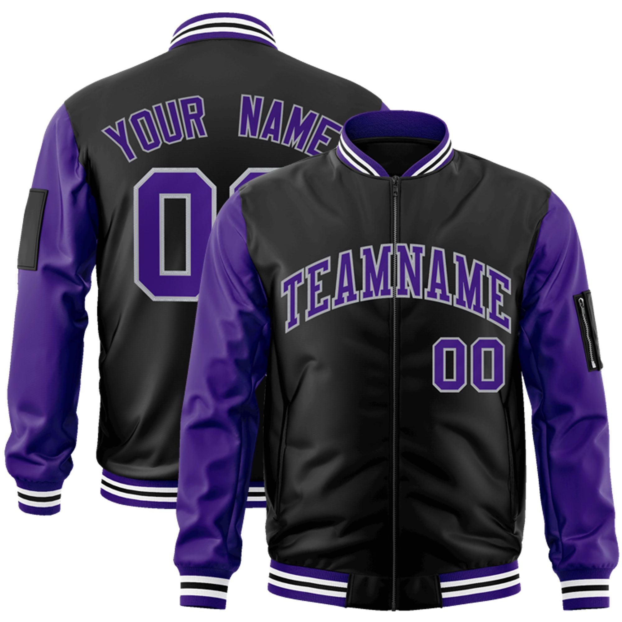 Custom Black Purple-Gray Varsity Full-Zip Raglan Sleeves Letterman Bomber Jacket