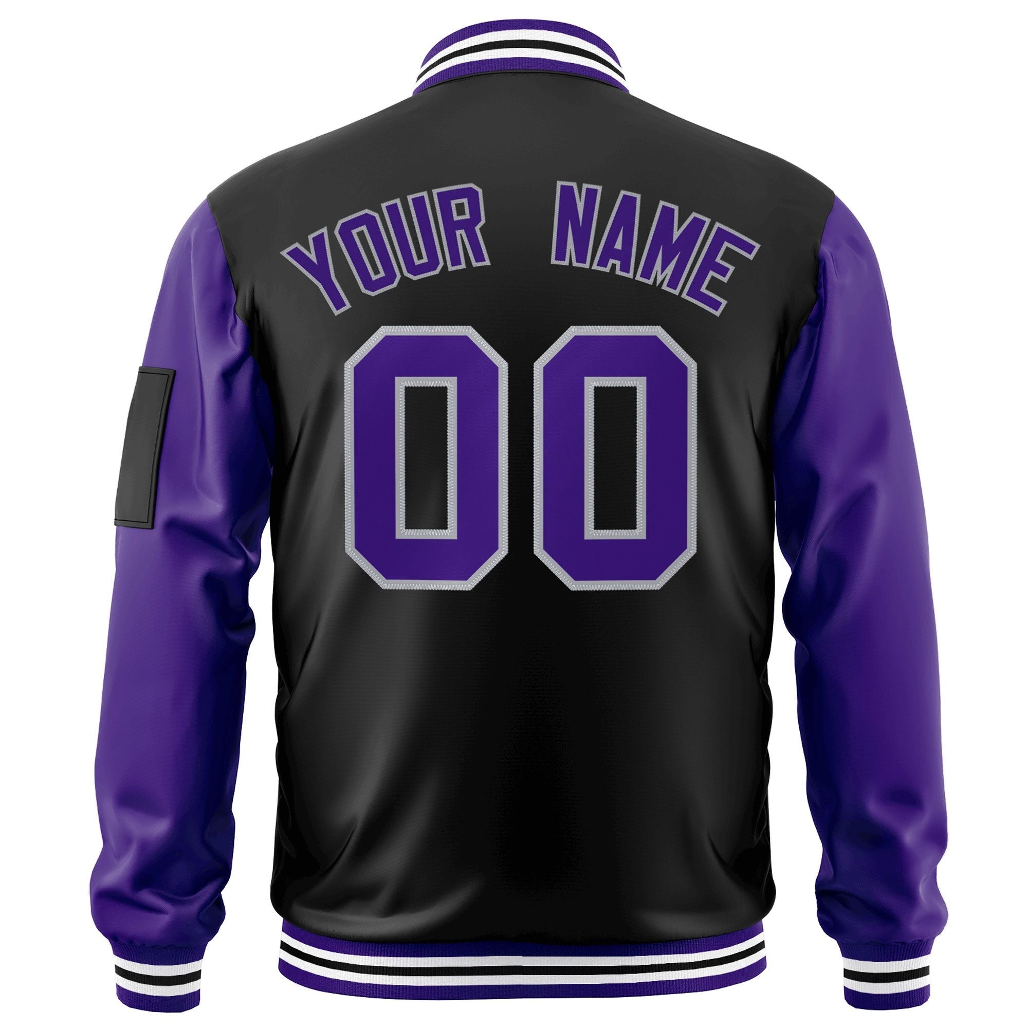 Custom Black Purple-Gray Varsity Full-Zip Raglan Sleeves Letterman Bomber Jacket