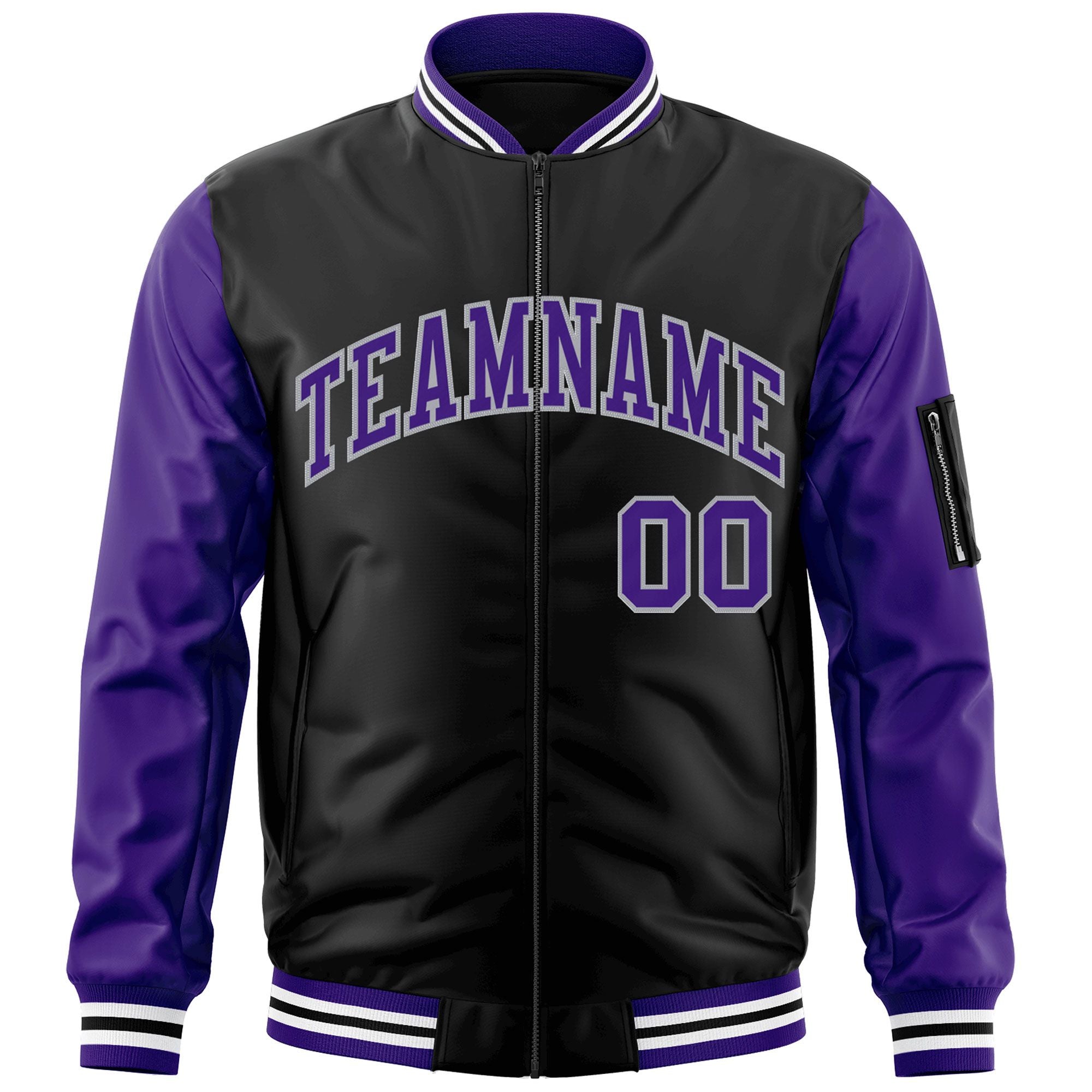 Custom Black Purple-Gray Varsity Full-Zip Raglan Sleeves Letterman Bomber Jacket