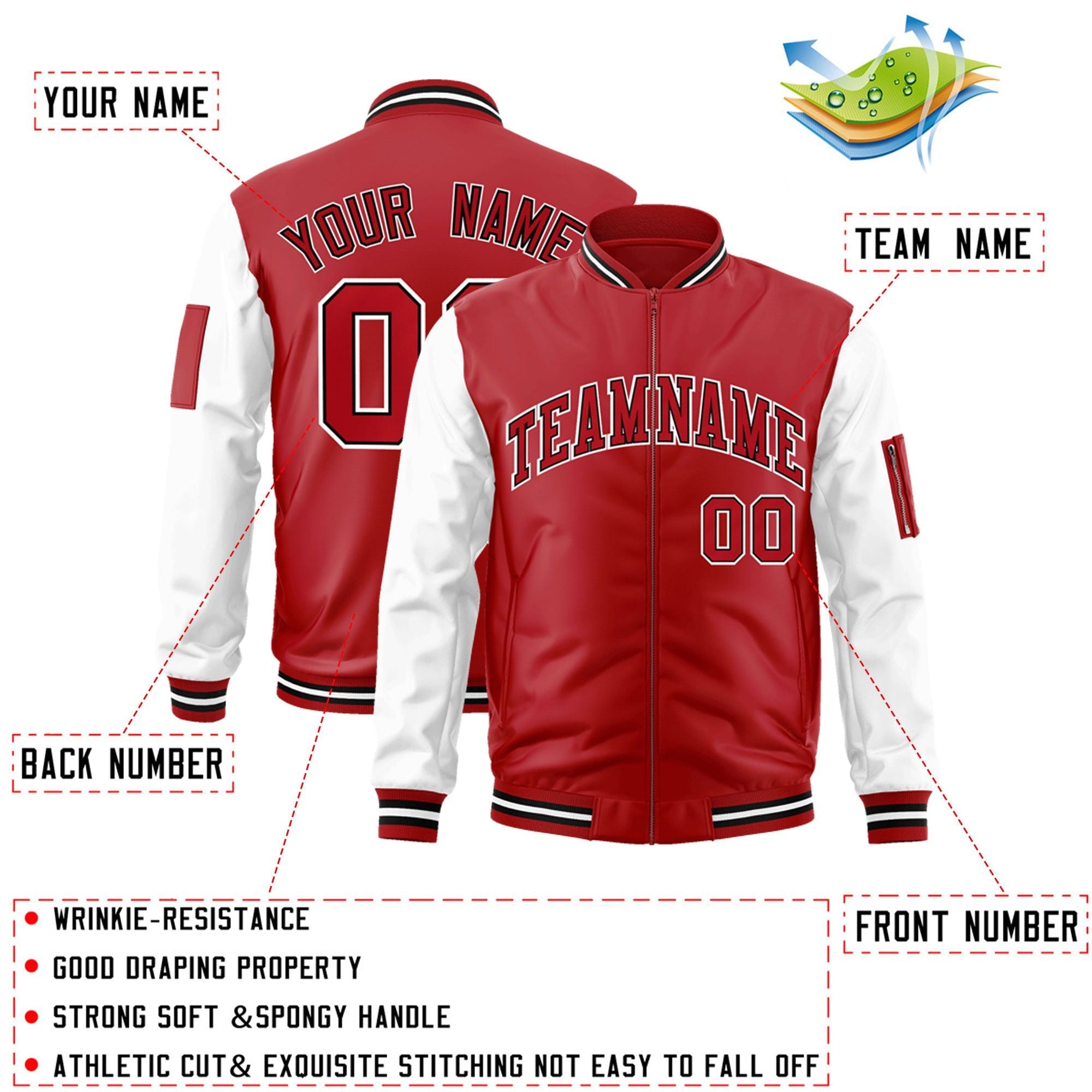 Custom Red White-Black Varsity Full-Zip Raglan Sleeves Letterman Bomber Jacket