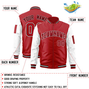 Custom Red White-Black Varsity Full-Zip Raglan Sleeves Letterman Bomber Jacket