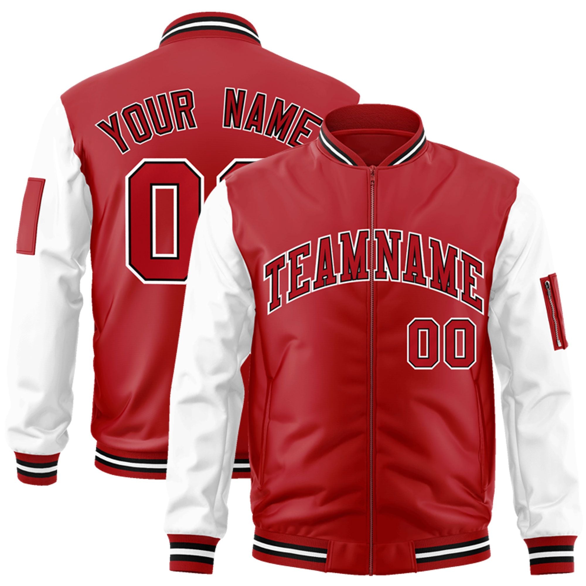 Custom Red White-Black Varsity Full-Zip Raglan Sleeves Letterman Bomber Jacket