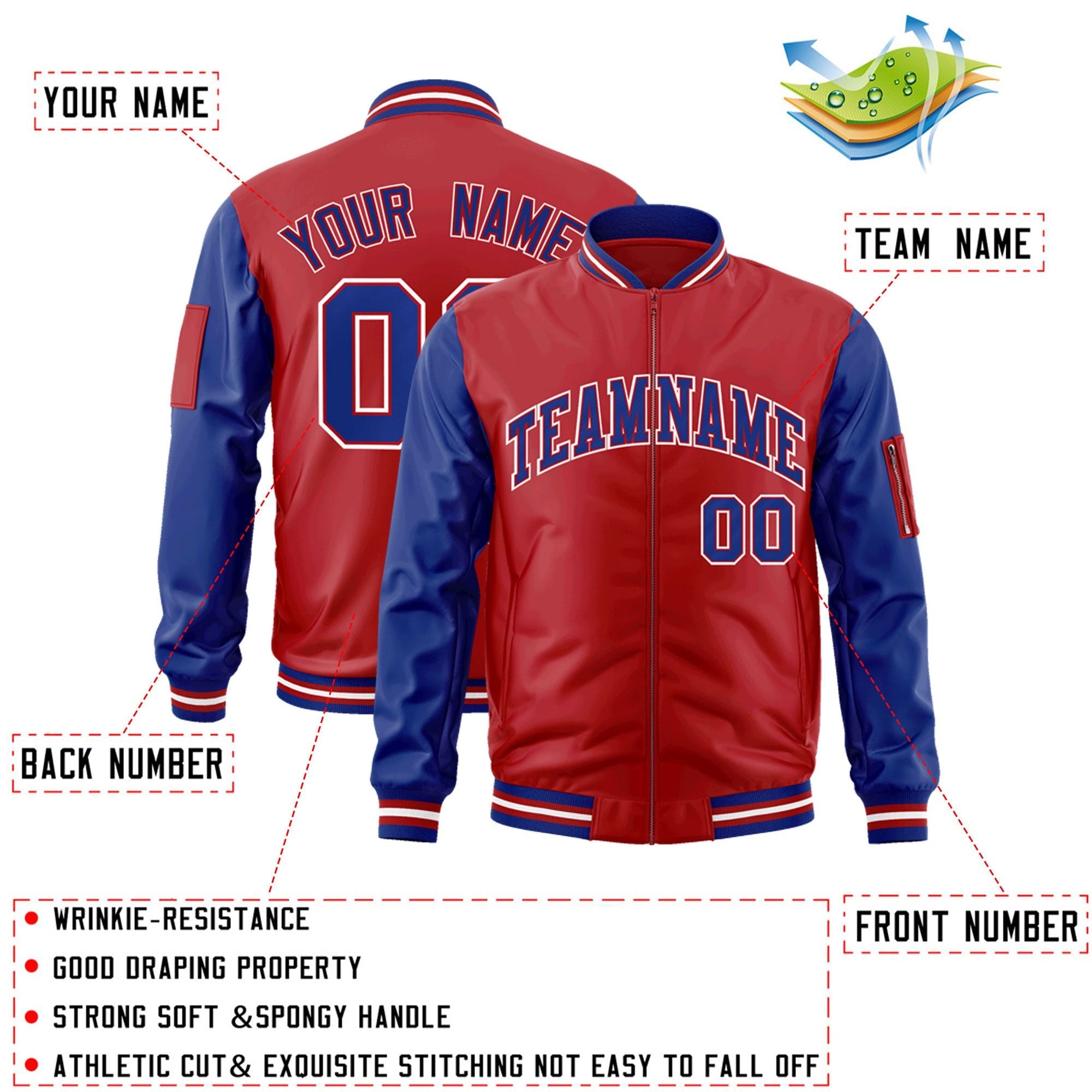 Custom Red Royal-White Varsity Full-Zip Raglan Sleeves Letterman Bomber Jacket