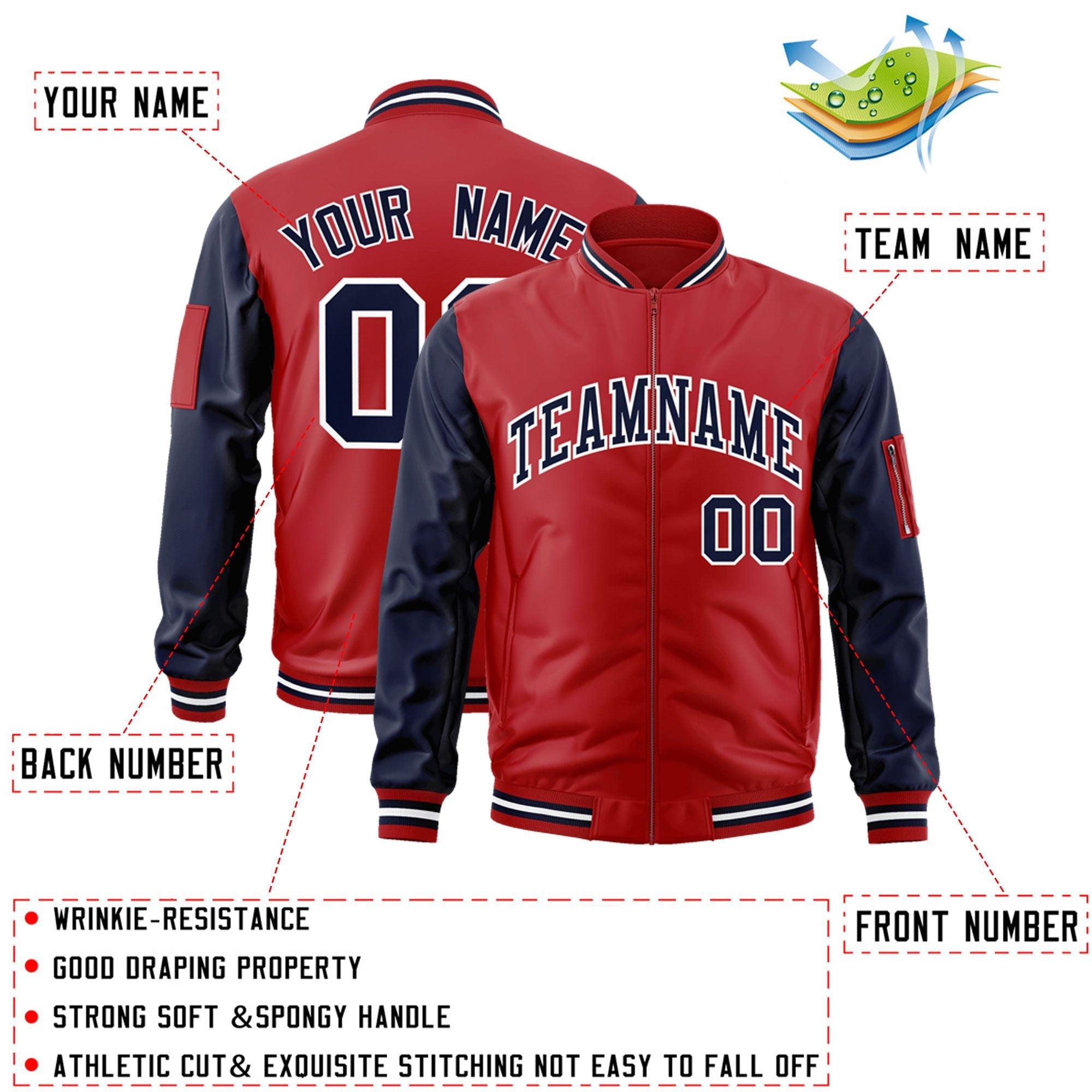 Custom Red Navy-White Varsity Full-Zip Raglan Sleeves Letterman Bomber Jacket