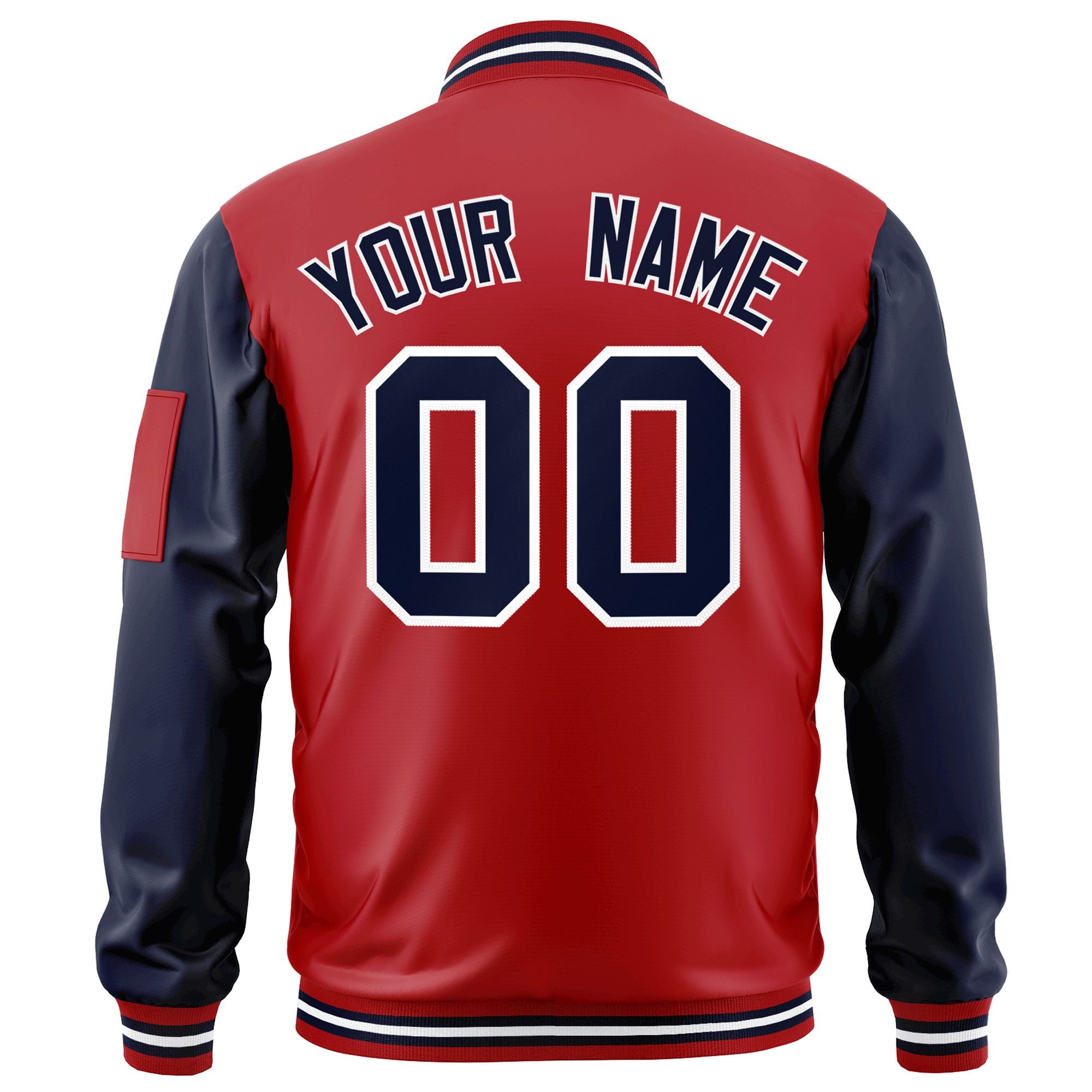 Custom Red Navy-White Varsity Full-Zip Raglan Sleeves Letterman Bomber Jacket