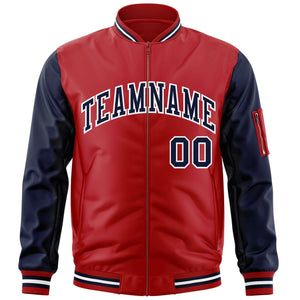 Custom Red Navy-White Varsity Full-Zip Raglan Sleeves Letterman Bomber Jacket