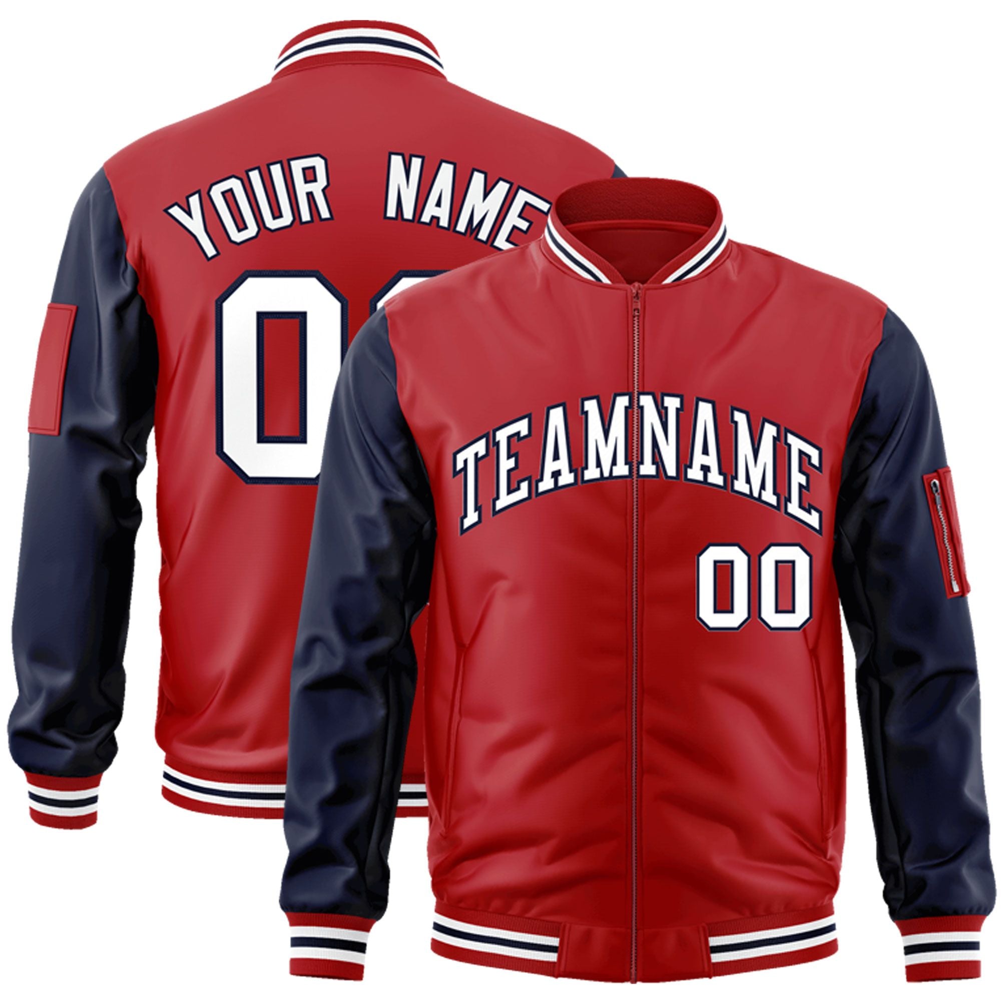 Custom Red Navy-White Varsity Full-Zip Raglan Sleeves Letterman Bomber Jacket