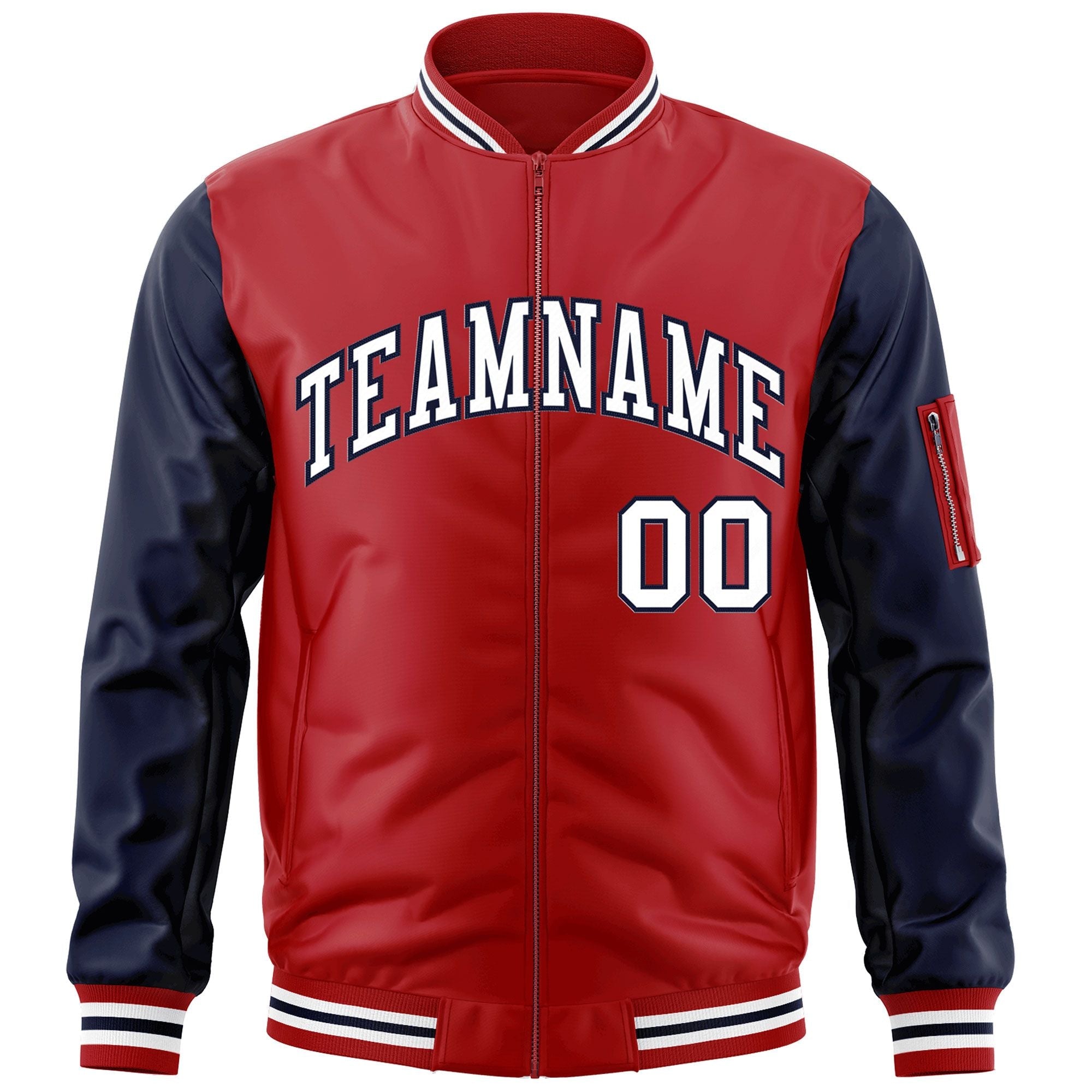 Custom Red Navy-White Varsity Full-Zip Raglan Sleeves Letterman Bomber Jacket