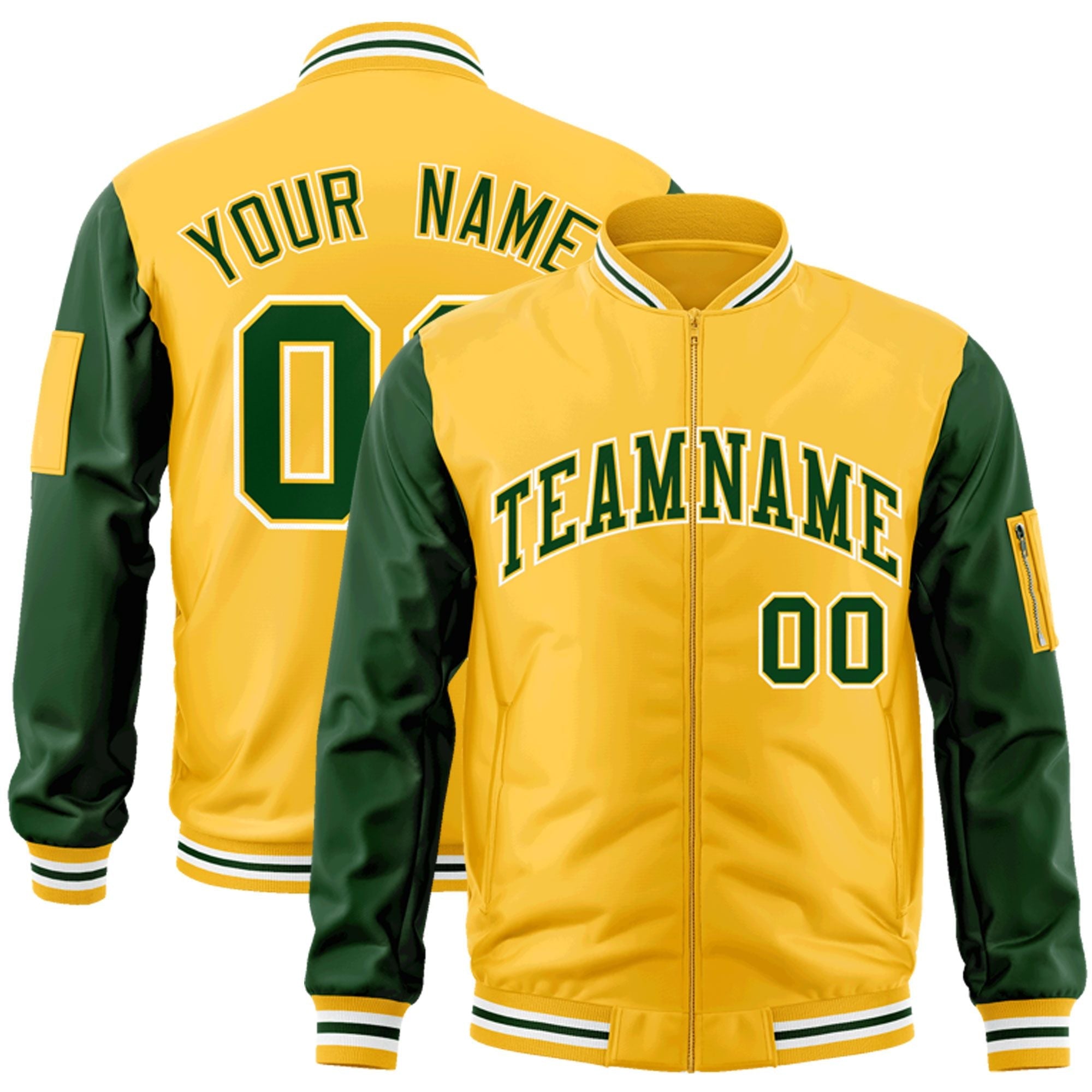 Custom Gold Green-White Varsity Full-Zip Raglan Sleeves Letterman Bomber Jacket