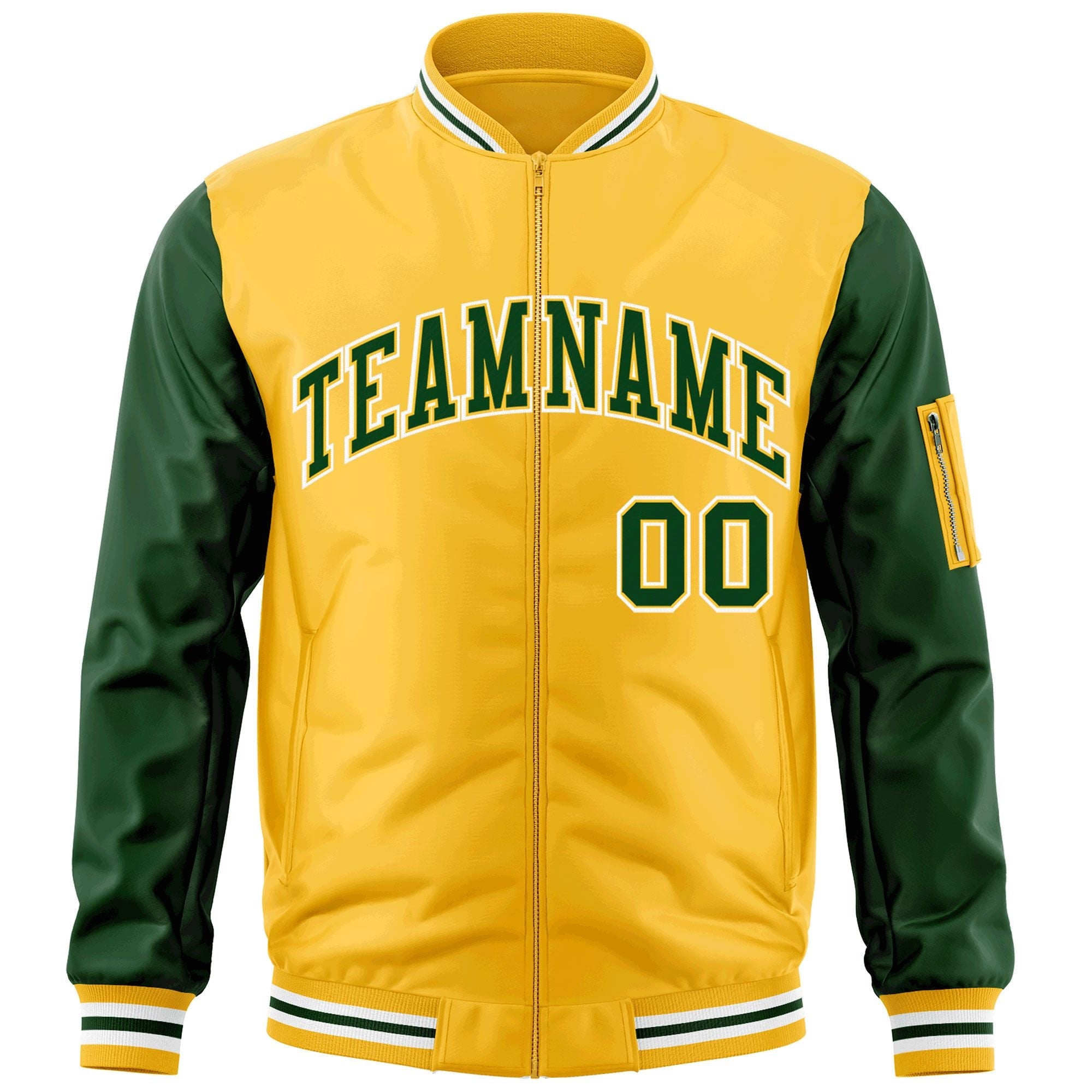 Custom Gold Green-White Varsity Full-Zip Raglan Sleeves Letterman Bomber Jacket