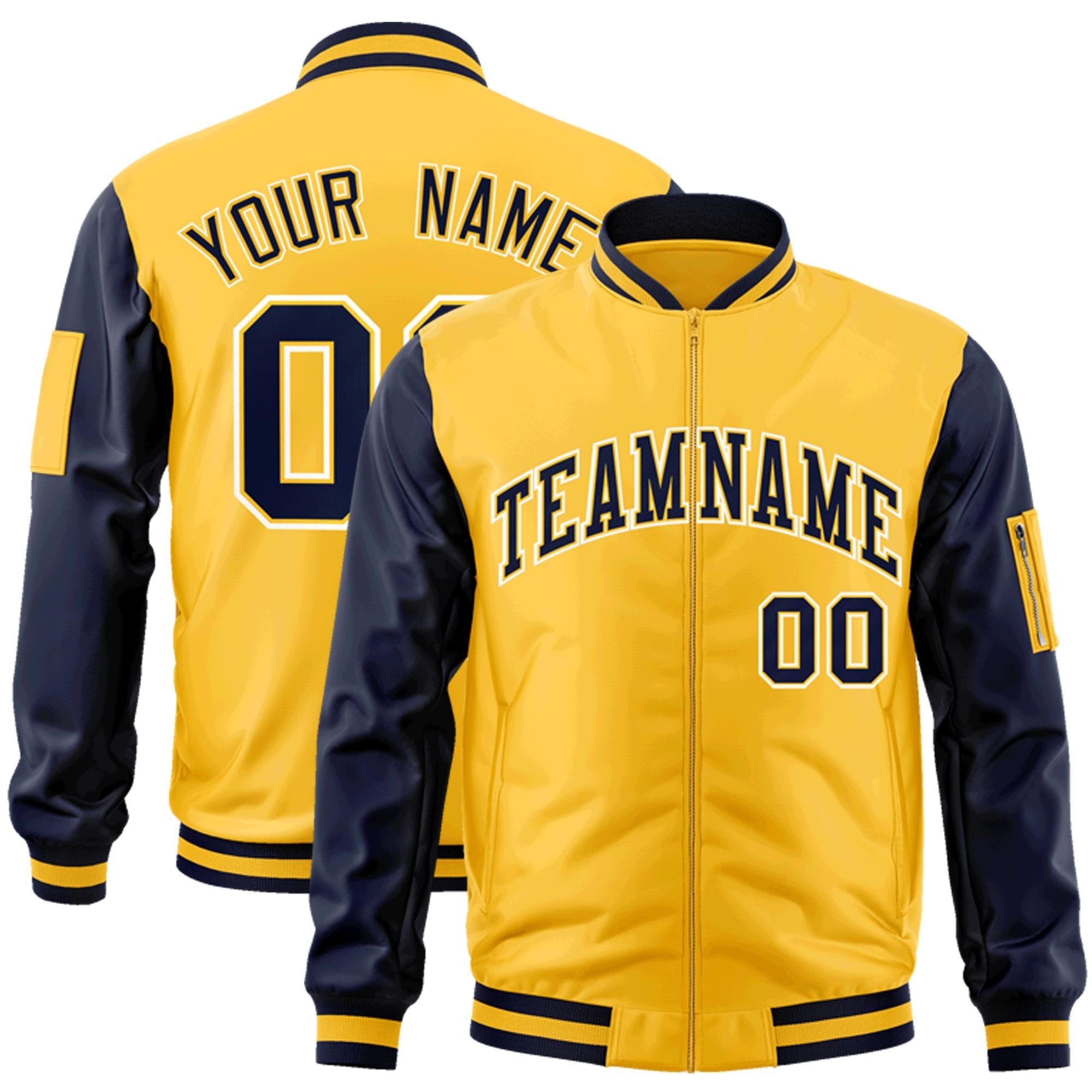 Custom Gold Navy-White Varsity Full-Zip Raglan Sleeves Letterman Bomber Jacket