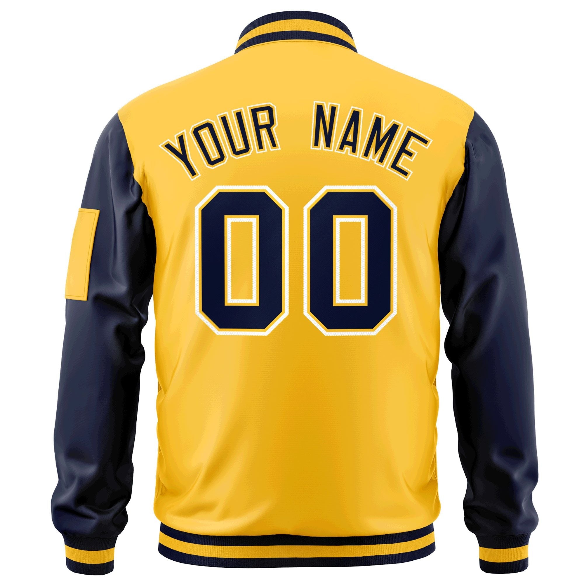 Custom Gold Navy-White Varsity Full-Zip Raglan Sleeves Letterman Bomber Jacket