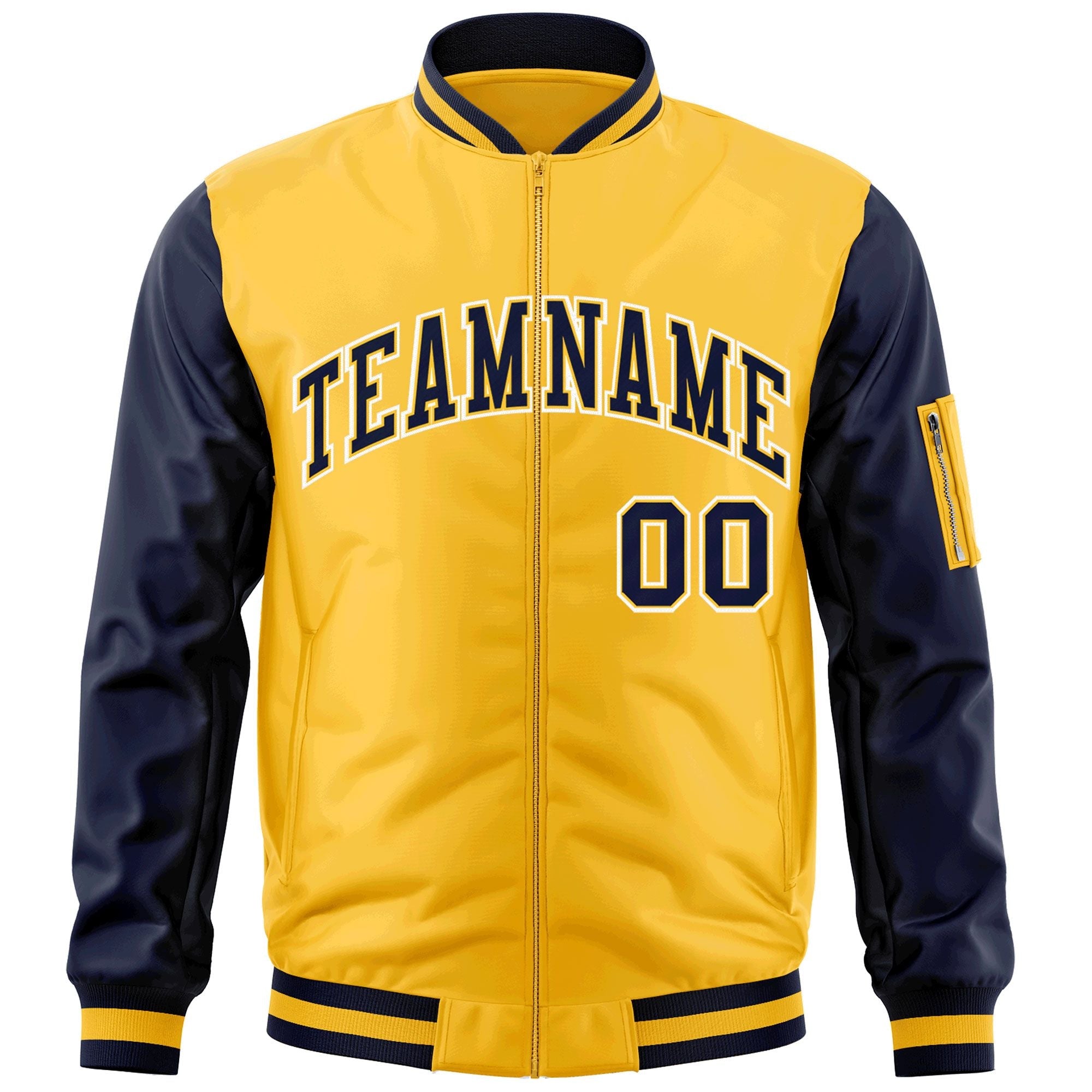 Custom Gold Navy-White Varsity Full-Zip Raglan Sleeves Letterman Bomber Jacket