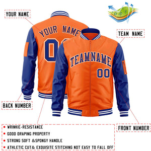 Custom Orange Royal-White Varsity Full-Zip Raglan Sleeves Letterman Bomber Jacket