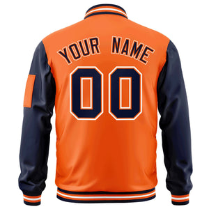 Custom Orange Navy-White Varsity Full-Zip Raglan Sleeves Letterman Bomber Jacket