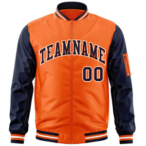 Custom Orange Navy-White Varsity Full-Zip Raglan Sleeves Letterman Bomber Jacket