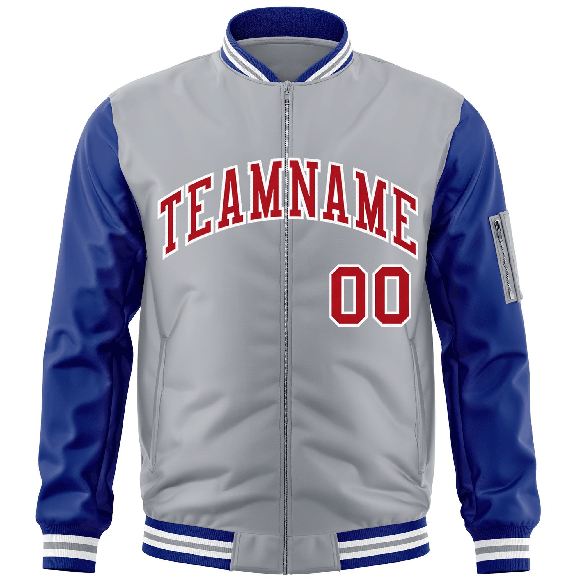 Custom Gray Royal-Red Varsity Full-Zip Raglan Sleeves Letterman Bomber Jacket