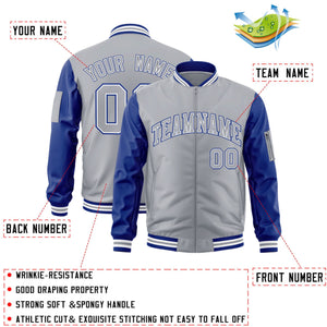 Custom Gray Royal-WhiteVarsity Full-Zip Raglan Sleeves Letterman Bomber Jacket