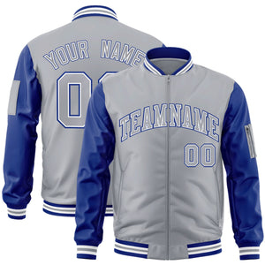 Custom Gray Royal-WhiteVarsity Full-Zip Raglan Sleeves Letterman Bomber Jacket