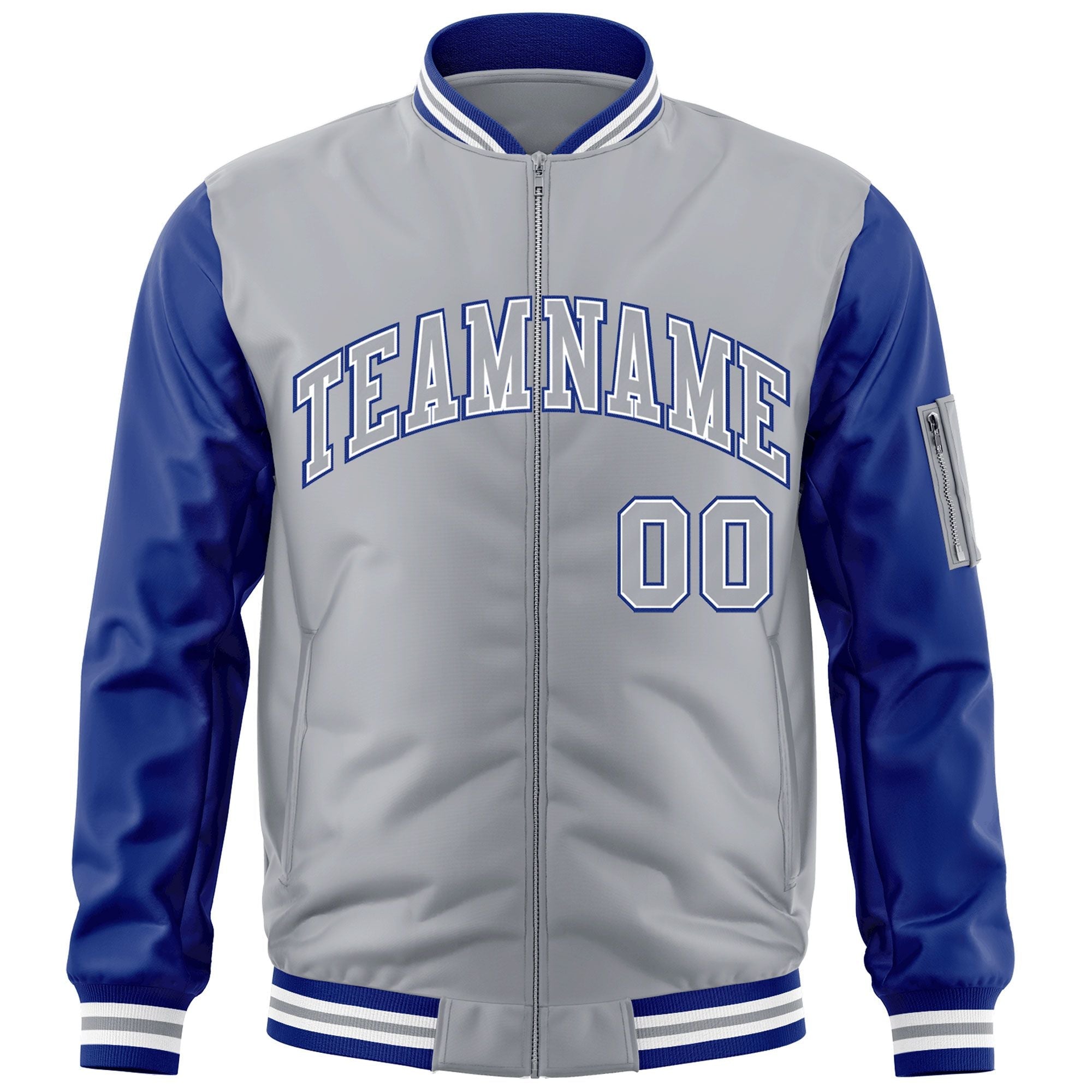 Custom Gray Royal-WhiteVarsity Full-Zip Raglan Sleeves Letterman Bomber Jacket