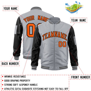 Custom Gray Black-Orange Varsity Full-Zip Raglan Sleeves Letterman Bomber Jacket