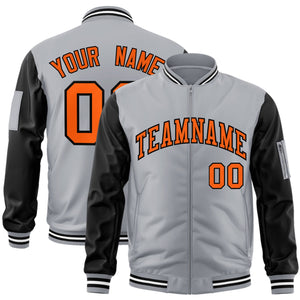 Custom Gray Black-Orange Varsity Full-Zip Raglan Sleeves Letterman Bomber Jacket