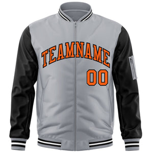 Custom Gray Black-Orange Varsity Full-Zip Raglan Sleeves Letterman Bomber Jacket