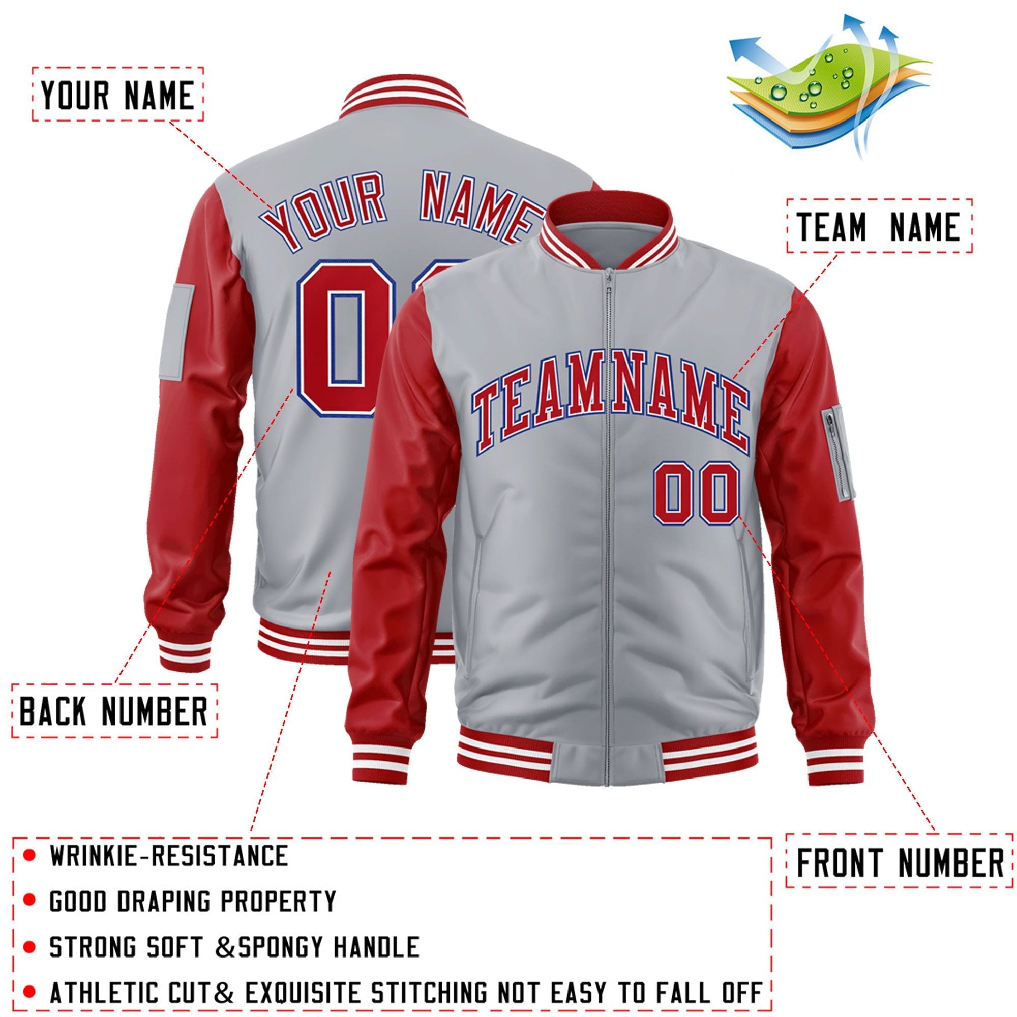 Custom Gray Red-Royal Varsity Full-Zip Raglan Sleeves Letterman Bomber Jacket