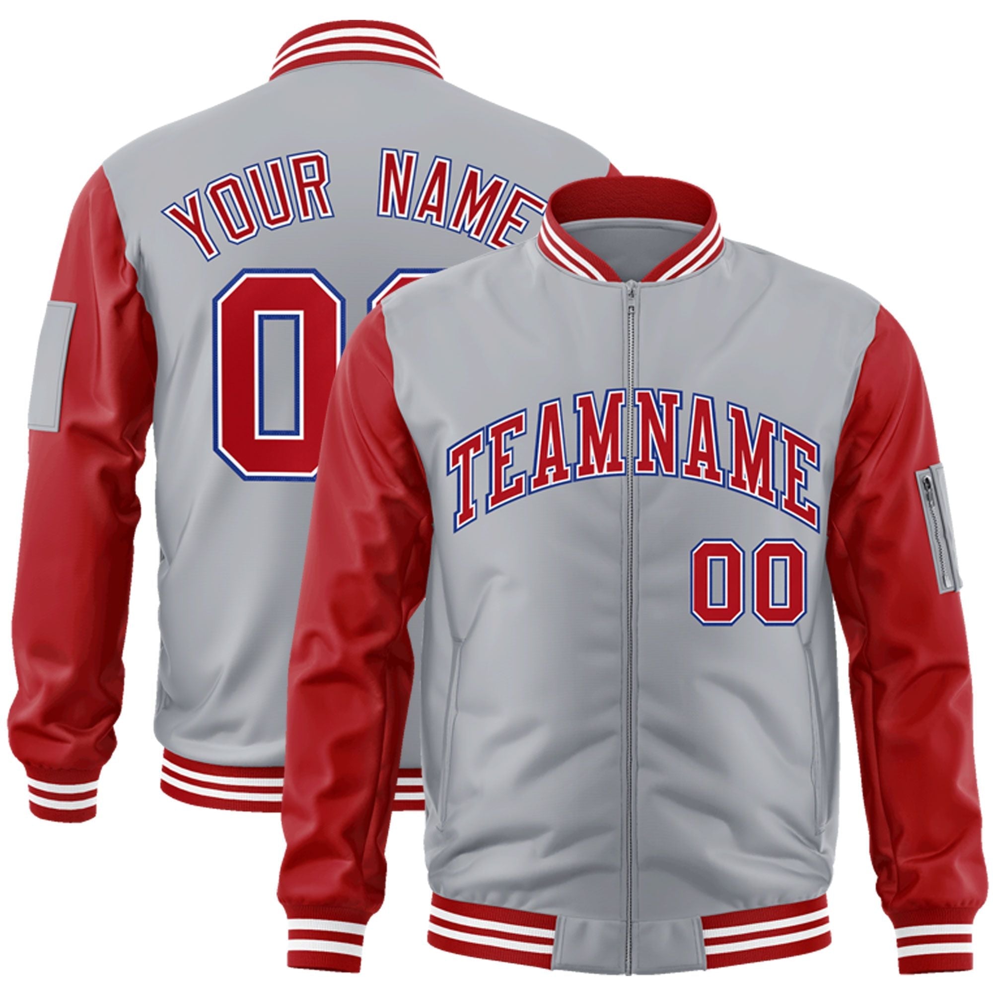 Custom Gray Red-Royal Varsity Full-Zip Raglan Sleeves Letterman Bomber Jacket