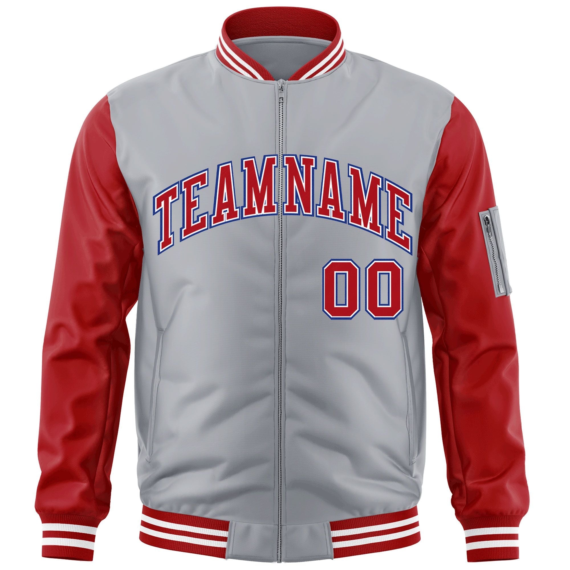 Custom Gray Red-Royal Varsity Full-Zip Raglan Sleeves Letterman Bomber Jacket