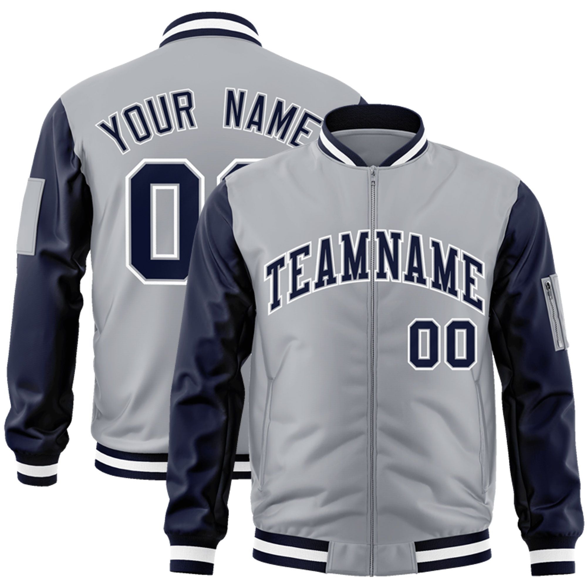 Custom Gray Navy-White Varsity Full-Zip Raglan Sleeves Letterman Bomber Jacket