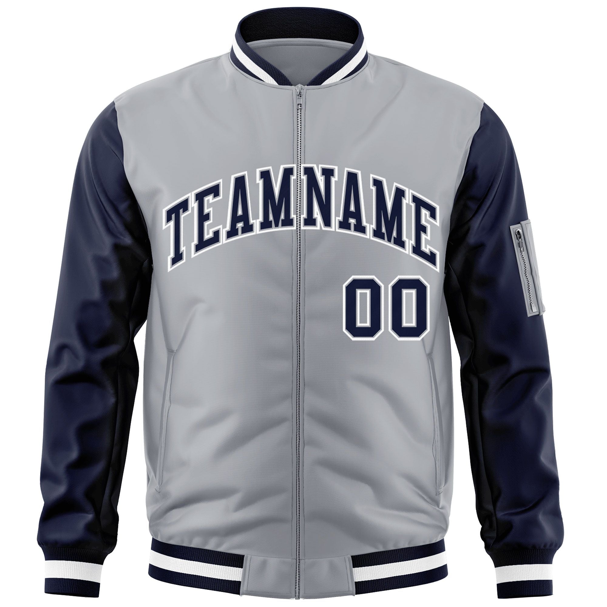 Custom Gray Navy-White Varsity Full-Zip Raglan Sleeves Letterman Bomber Jacket