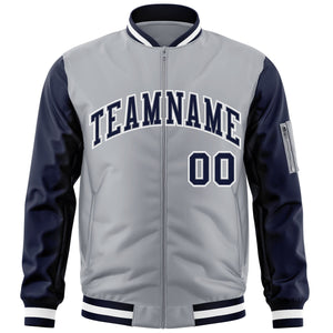 Custom Gray Navy-White Varsity Full-Zip Raglan Sleeves Letterman Bomber Jacket