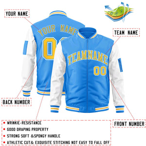 Custom Powder Blue White-Gold Varsity Full-Zip Raglan Sleeves Letterman Bomber Jacket